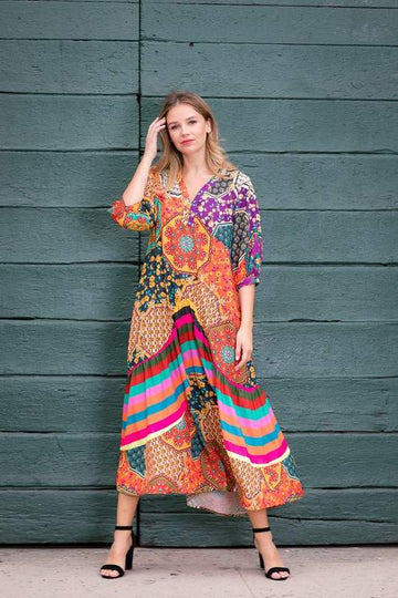 VINTAGE BOHO MIX PRINT 3 4 SLEEVE MAXI DRESS