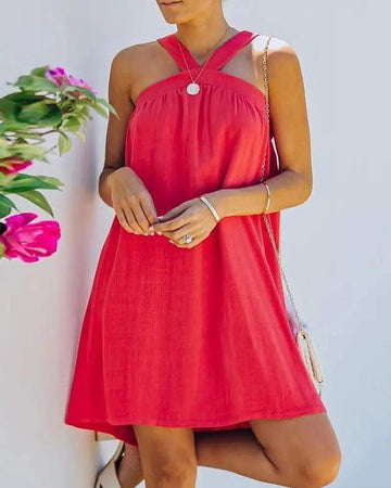 PLAIN HALTER SLEEVELESS CASUAL DRESS