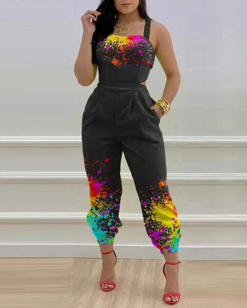 INK SPLASH PRINT CRISS CROSS TIED DETAIL BACKLESS JUMPSUIT