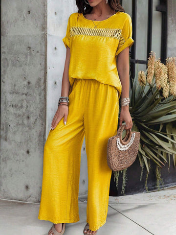 LUNE WOMEN S LACE PATCHWORK SHORT SLEEVE TOP AND PANT SUIT