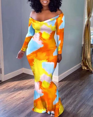 TIE DYE PRINT OFF SHOULDER MERMAID DRESS