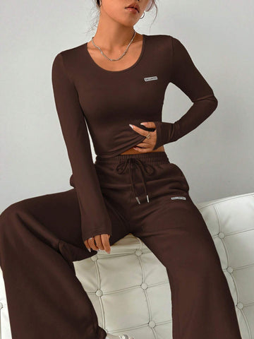 EZWEAR LADIES LETTER PRINT TEE DRAWSTRING WAIST LONG PANTS 2 PIECE SET