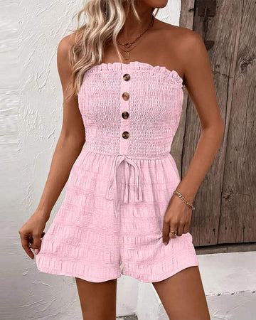 BANDEAU FRILL HEM DRAWSTRING TEXTURED ROMPER