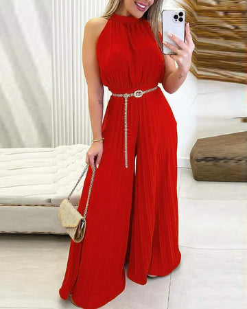SLEEVELESS PLEATED WIDE LEG JUMPSUIT WITHOUT BELT