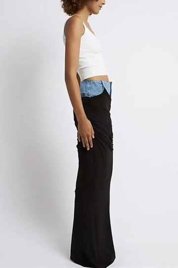 DENIM MIXED LONG SKIRT