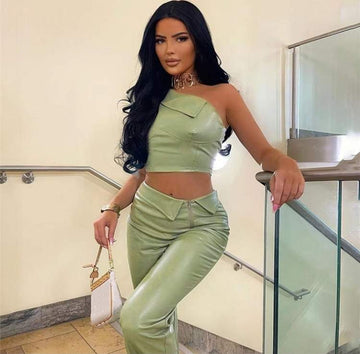 GREEN PU LEATHER ONE SHOULDER TOP AND PANT SETS