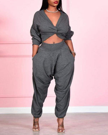 Casual Crop Top Harem Pants, Comfy Fit
