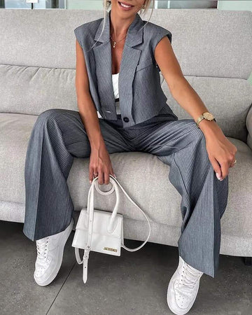 STRIPED PADDED SHOULDER TOP WIDE LEG PANTS SET