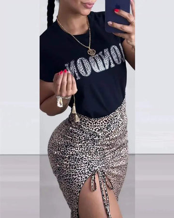 LEOPARD LETTER PRINT TOP DRAWSTRING SLIT SKIRT SET