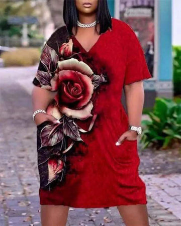 Floral Pocket Dress Plus Size Casual Fashion
