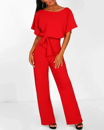 BATWING SLEEVE KEYHOLE BACK BELTED JUMPSUIT
