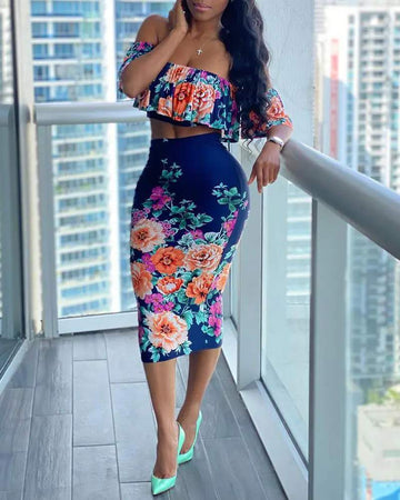 OFF SHOULDER FLORAL PRINT RUFFLES TOP SKIRT SET