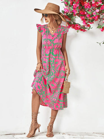 Long Party Dress Ladies V Neck Ruffle Bohemian