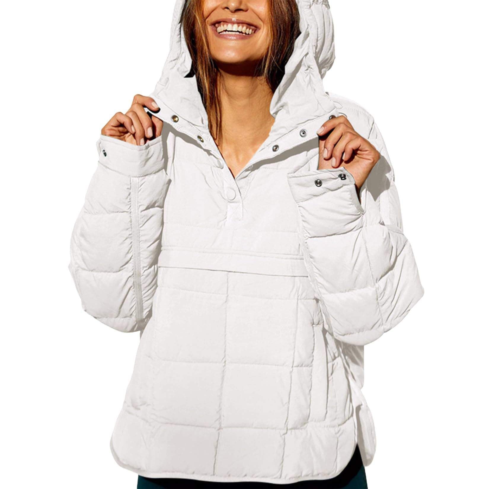 SOLID COLOR HOODED COTTON PADDED FOLDABLE PADDED PULLOVER POCKET LONG SLEEVE COAT FOR WOMEN