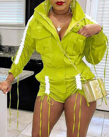 Colorblock Drawstring Pocket Zipper Design Romper