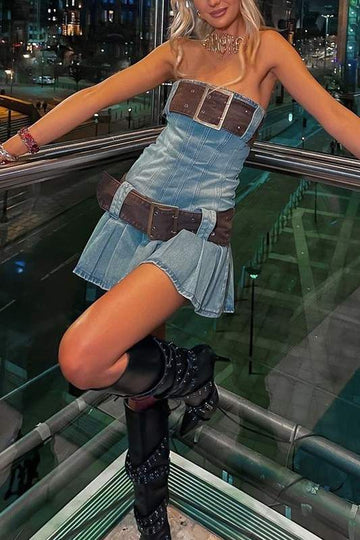 BELTED DENIM MINI DRESS