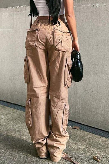 ELASTIC WAIST POECKETS LOOSE PANTS CARGO POCKETS