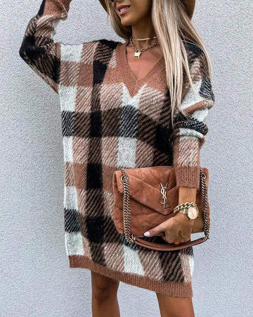 PLAID PATTERN LONG SLEEVE SWEATER DRESS