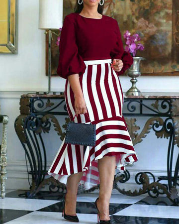 Fashion Striped Midi Dress, Puff Sleeve Elegance