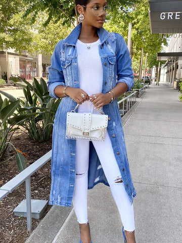 DENIM LONG RIPPED DENIM COAT WOMEN