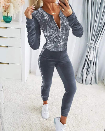 VELVET CONTRAST SEQUIN ZIPPER DESIGN COAT PANTS SET