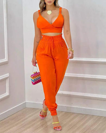PLAIN CROP TOP HIGH WAIST PANTS SET