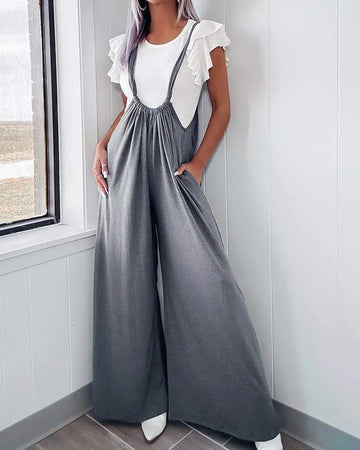 POCKET DESIGN WIDE LEG SUSPENDER JUMPSUIT