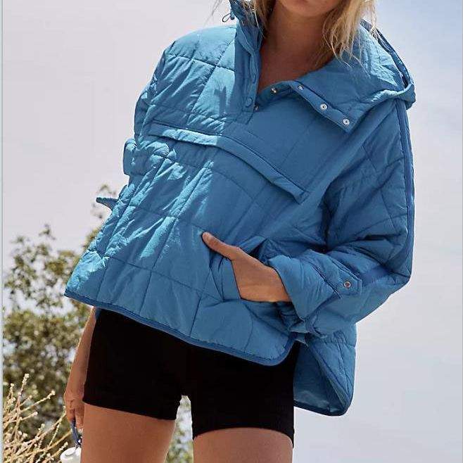 SOLID COLOR HOODED COTTON PADDED FOLDABLE PADDED PULLOVER POCKET LONG SLEEVE COAT FOR WOMEN