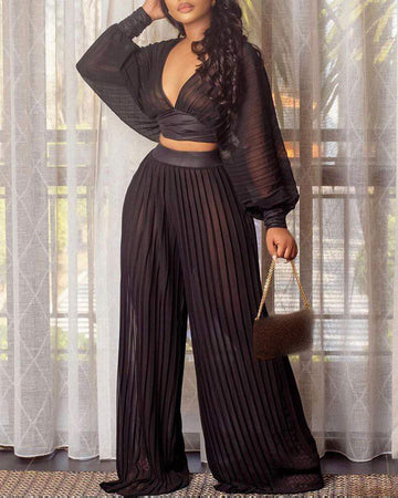 Lantern Sleeve Mesh Crop Top Pleated Wide Leg Pants Sets