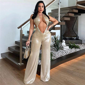 NAVEL NECK BACKLESS PU ELEGANT WIDE LEG JUMPSUIT