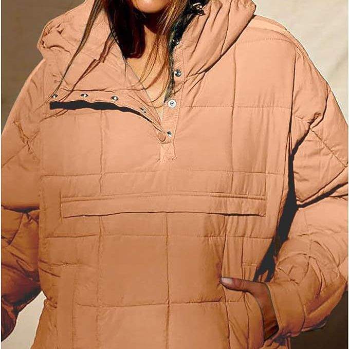 SOLID COLOR HOODED COTTON PADDED FOLDABLE PADDED PULLOVER POCKET LONG SLEEVE COAT FOR WOMEN