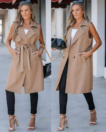 NOTCHED COLLAR RHINESTONE DECOR POCKET DESIGN TRENCH COAT