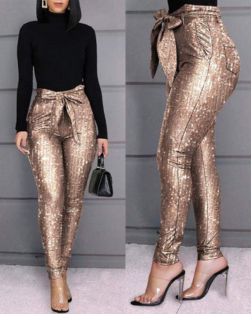 HIGH WAIST TIED DETAIL SEQUINS SKINNY PANTS
