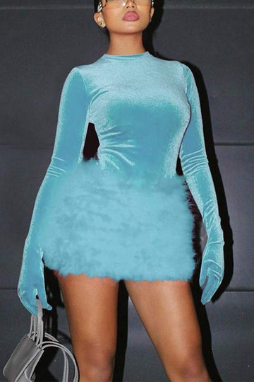 VELOUR LONG SLEEVE BODYSUIT AND FUR SKIRT SET