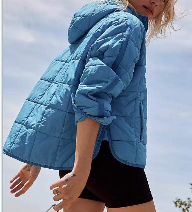 SOLID COLOR HOODED COTTON PADDED FOLDABLE PADDED PULLOVER POCKET LONG SLEEVE COAT FOR WOMEN