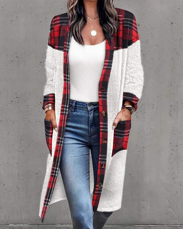 CONTRAST PLAID BUTTON FRONT FLUFFY LONGLINE COAT