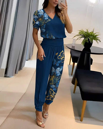 BUTTERFLY PRINT V NECK TOP HIGH WAIST CUFFED PANTS SET