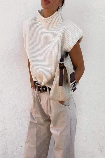 WIDE SHOULDER TURTLE NECK SHORT SLEEVE SWEATER TOP