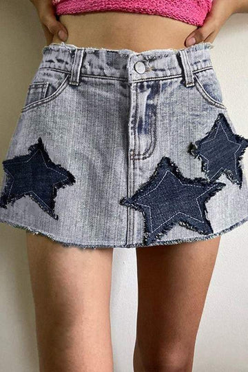 Frayed Hem Denim Skirt with Stars