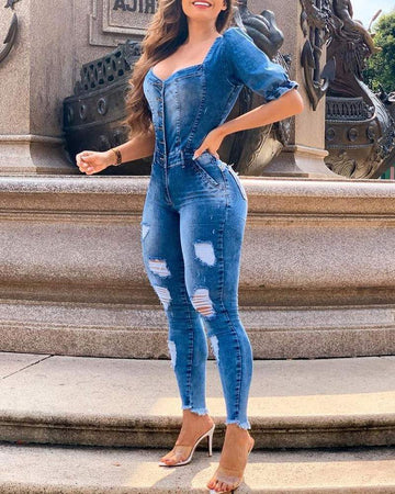 Ripped Puff Sleeve Poccket Design Denim Jumpsuit
