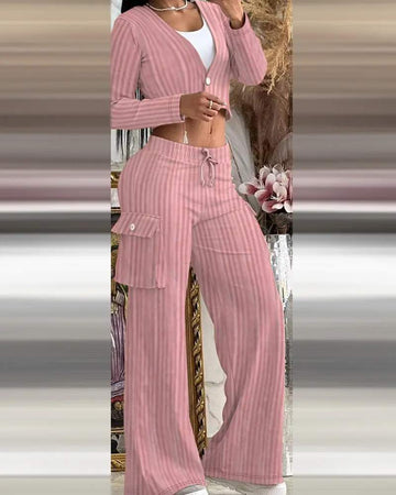 VELVET BUTTONED CROP TOP POCKET DESIGN PANTS SET