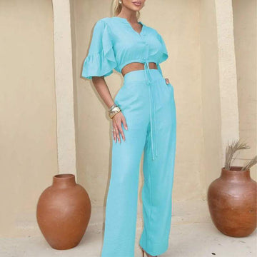 V NECK BELL SLEEVE LACE UP TOP WIDE LEG PANTS CASUAL SUIT