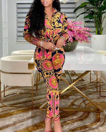 Scarf Print Draped Detail Button Up Top Skinny Pants Set