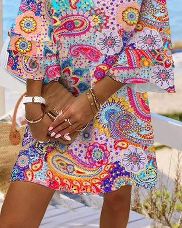 PAISLEY PRINT BELL SLEEVE CASUAL DRESS