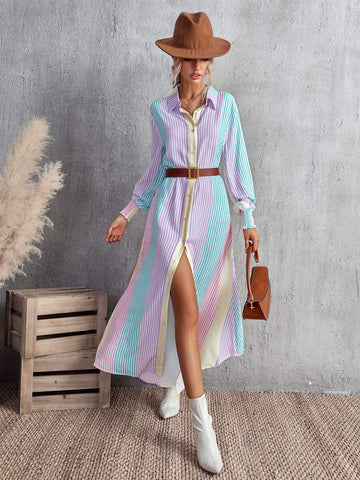 Elegant Striped Shirt Dress with Hat