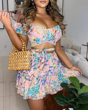 OFF SHOULDER FLORAL PRINT TOP FRILL HEM SKIRT SET