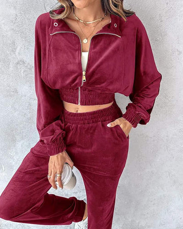 STAND COLLAR ZIPPER DESIGN VELVET COAT CUFFED PANTS TRACKSUIT SET
