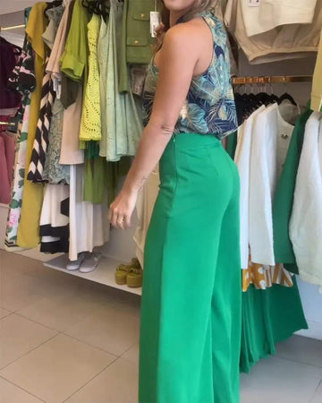 TROPICAL LEAF PRINT SLEEVELESS TOP WIDE LEG PANTS SET