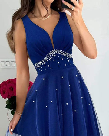 PLUNGE BEADED SHEER MESH RUCHED PARTY DRESS