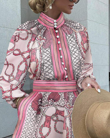 Chain Print Button Front Long Sleeve Top Shorts Set